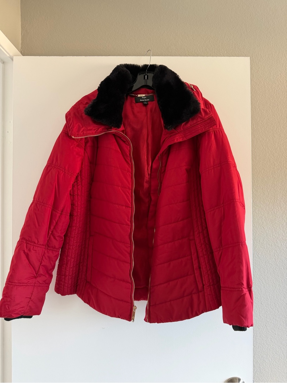 dennis basso Red Quilted Puffer Jacket with Black Faux Fur Collar